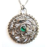 The Silbury Serpent Pendant shows a coiled dragon within a decorative circle with a green stone in the centre