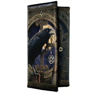 Talisman Purse shows a raven with a pentacle in its beak in front of a full moon