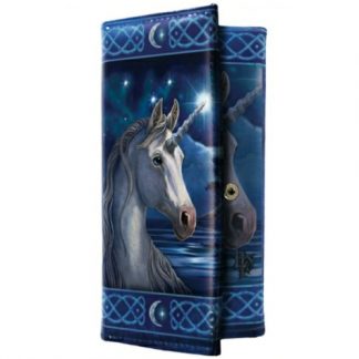 Sacred One Purse shows a unicorn set against a tranquil lake and a star-filled sky