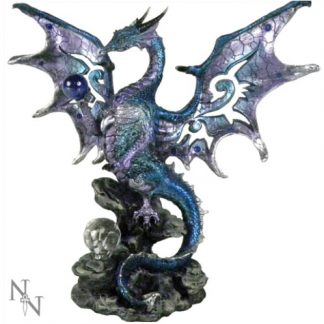 Blue Dragon Protector Figurine shows a dragon seated on a rock
