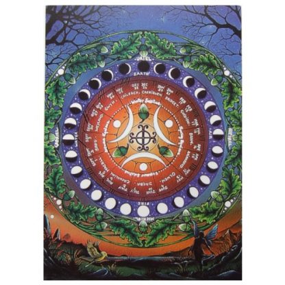 Moon Calendar Card within a circle of oak leaves and acorns are the phases of the moon