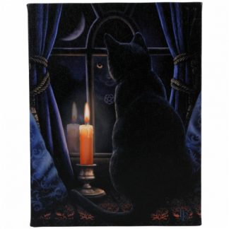 Midnight Vigil Canvas Wall Plaque shows a black mystical cat looking out of a window at night illuminated by a candle