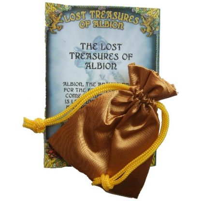 The Lost Treasures of Albion packaging shows the gold satin pouch and leaflet