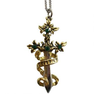 Sword of Sherwood Pendant is entwined with a scroll with runic symbols , golden leaves and a dark green stone