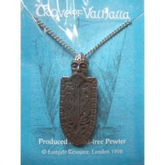 Viking Hero Pendant shows a shield with knotwork and dragons and the image of a Viking Hero at the top