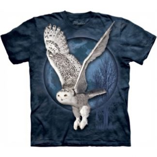 Snow Owl Moon T Shirt shows a beautiful owl in flight with the moon in the background