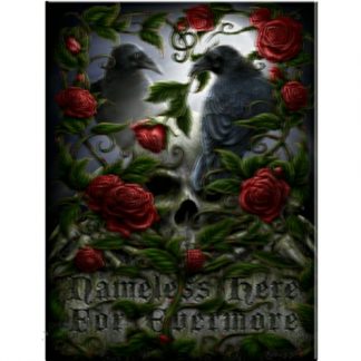 Sorrow for the Lost 3D Picture shows 2 ravens sitting on a skull surrounded by red roses on thorny stems